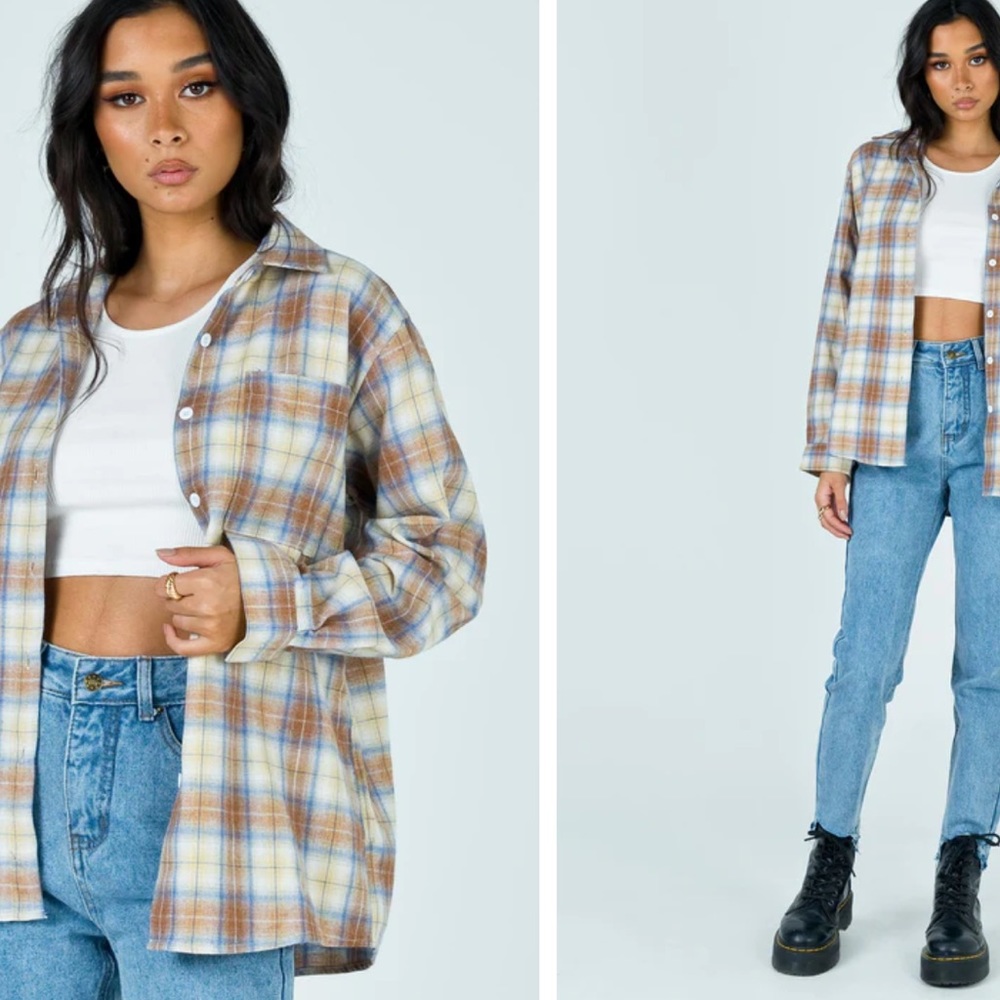 Princess Polly Cameran Top Flannel Shirt Brown